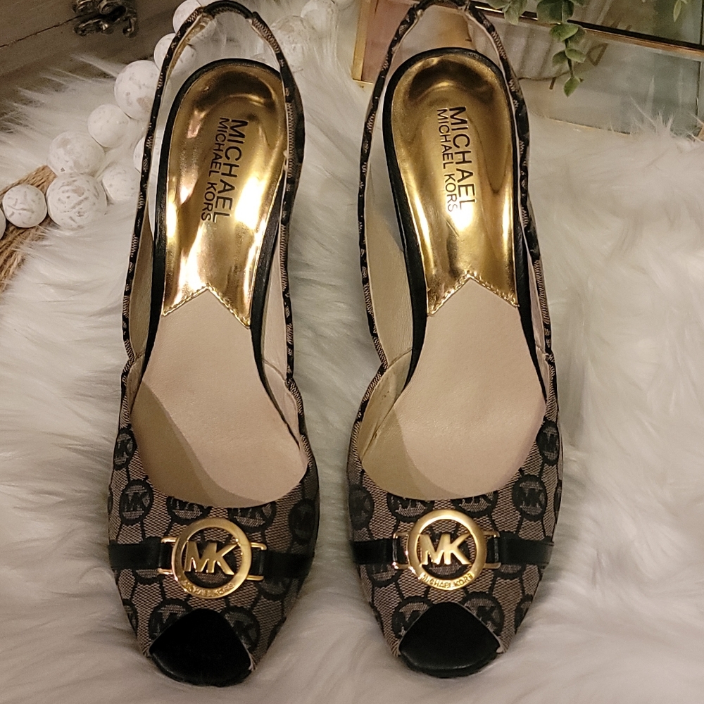 Michael Kors peep toe slingback wedge, Black 9.5